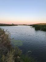 A view of a Kansas pond at twilight.