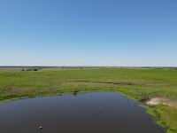 A series of footage from drone camera, showing an aerial vantage point of a farm pond with limited access for cattle. 