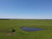 an aerial view of a farm pond with a concrete waterer