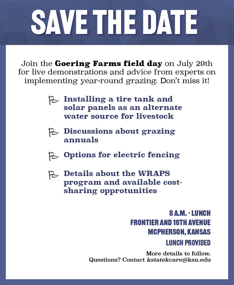 A rectangular invitation box, with Save the Date on top, and contact information about the July 29 Goering Farms Field day below.