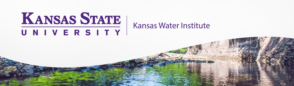 The Kansas Water Institute wordmark, alongside the Kansas State University wordmark, atop a photo of a rippling stream