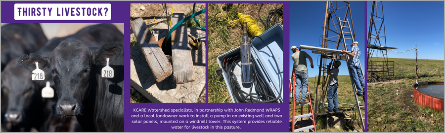 series of photos depicting the installation of a well pump and two solar panels on an existing windmill tower. The final product is a circular metal tank, filled with water