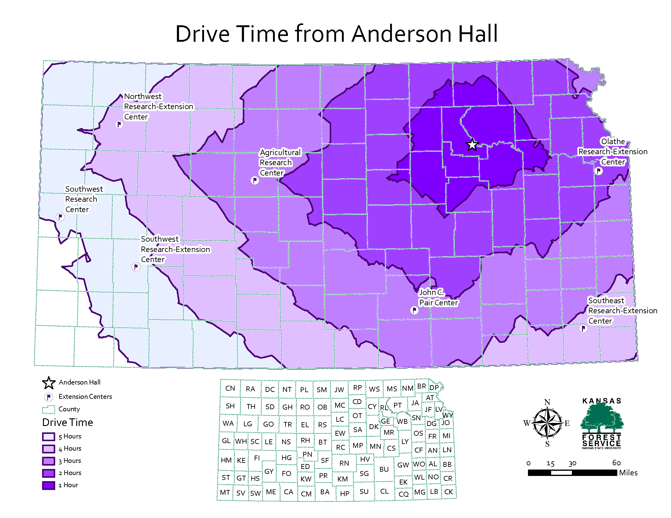A heat map of the state of Kansas, showing the drive time from Anderson Hall (indicated by a star in the upper right hand corner). Bands of purple show different drive times, with the darkest purple the closest, and four different shades radiating outward.