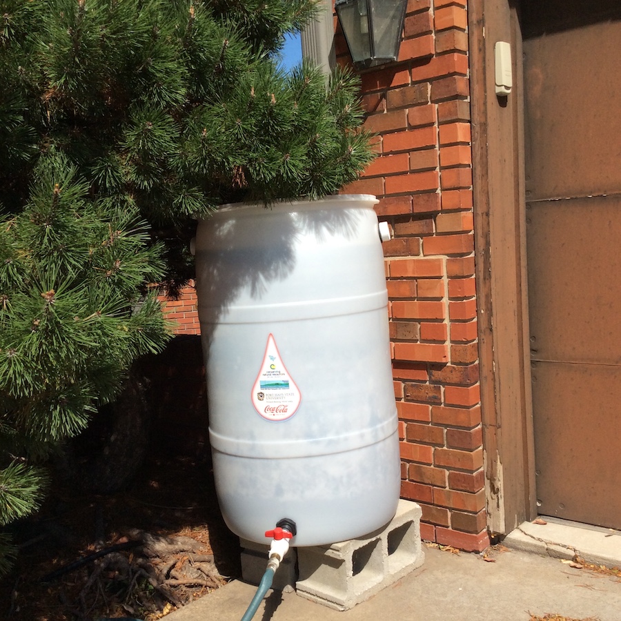A large white plastic barrel with a raindrop label on the front, sits elevated on two cinderblocks. This barrel has a nozzle and hose extending from the bottom. The rain barrel is displayed in front of a private home, with a brick wall in the background and an evergreen tree to the side.