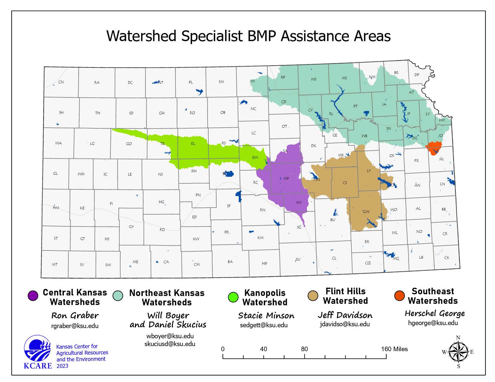 Map showing watershed specialist referral areas across Kansas