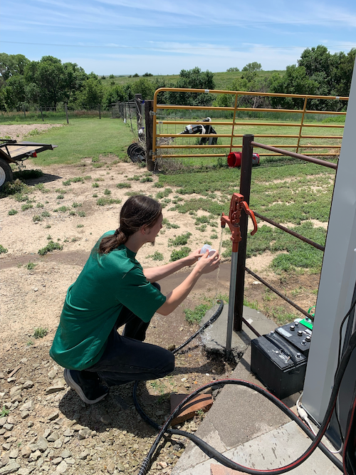 Image showing a man kneeling at a faucet at a pasture, collecting a water sample.