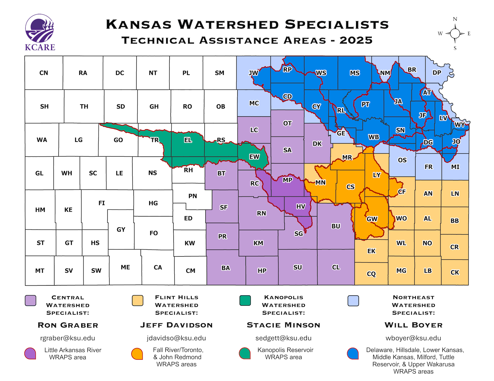 a color-coded state map showing the assistance areas for Kansas Watershed Specialists
