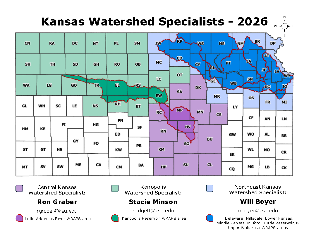a color-coded state map showing the assistance areas for Kansas Watershed Specialists