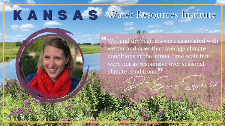 This graphic shows a headshot of Erin Seybold within a circular frame, imposed over a pond surrounded by wildflowers