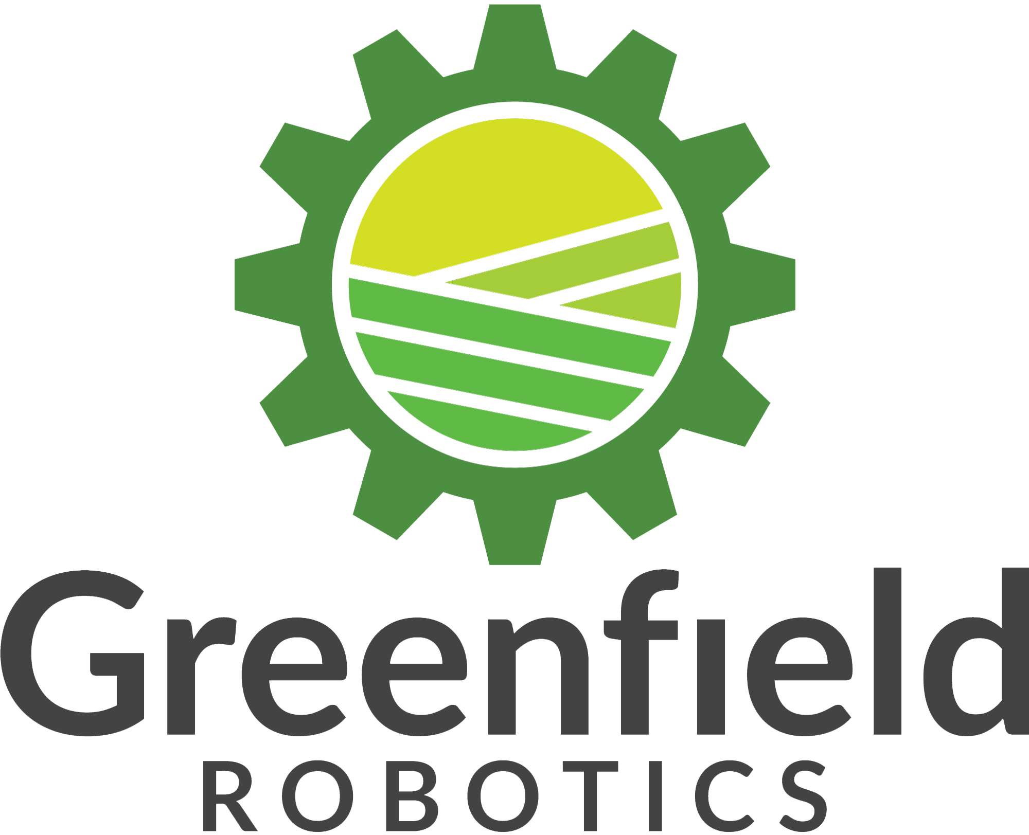 A dark and light green image that looks like a cog with fields drawn in the center, underneath which is written Greenfield Robotics