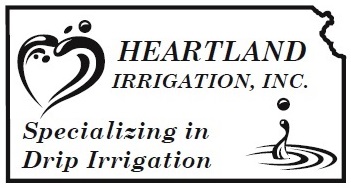 a black and white logo with the outline of the state of Kansas, inside of which is a heart made of water waves and droplets and the words heartland irrigation inc, specializing in drip irrigation
