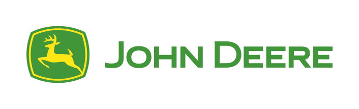 John Deere logo, with a green square on the right containing a yellow leaping stag, followed by the words John Deere in green
