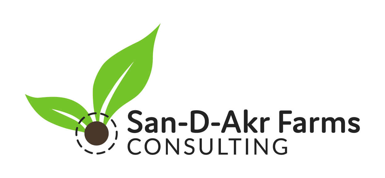 A black target with two green leaves, resembling a plant, followed by black text reading San-D-Akr farms consulting