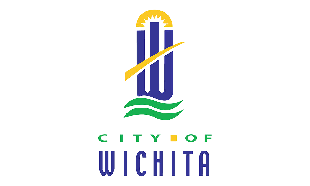A capital letter w, crowned by a golden sunset and diagonal stripe of gold, with a double wave of green underneath, below which is written city of in green, and wichita in blue